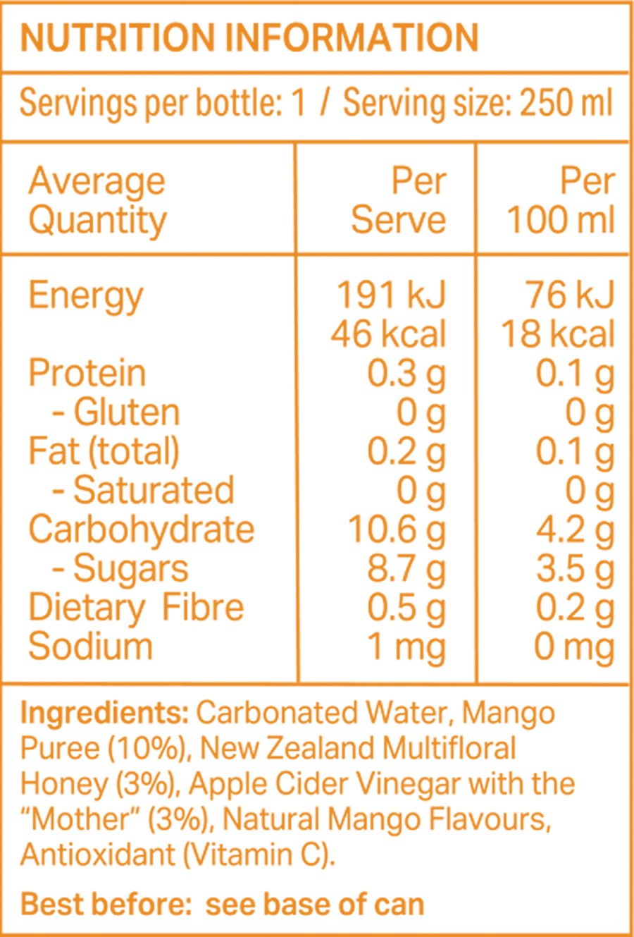 Sidekick Mango Soda 250 ml can — US nutrition facts and ingredient panel
