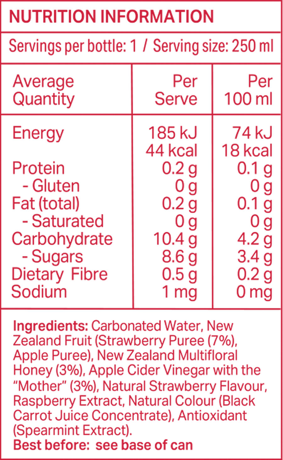Sidekick Strawberry Soda 250 ml can — US nutrition facts and ingredient panel