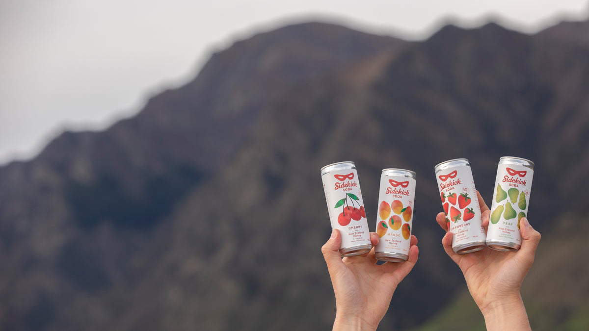 Sidekick Soda — real fruit, New Zealand honey, stocked at premium retailers