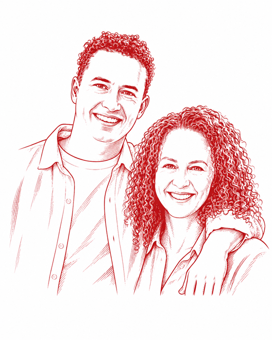 Illustrated portrait of Sidekick Soda founders Fiona and Rogan Tomlinson